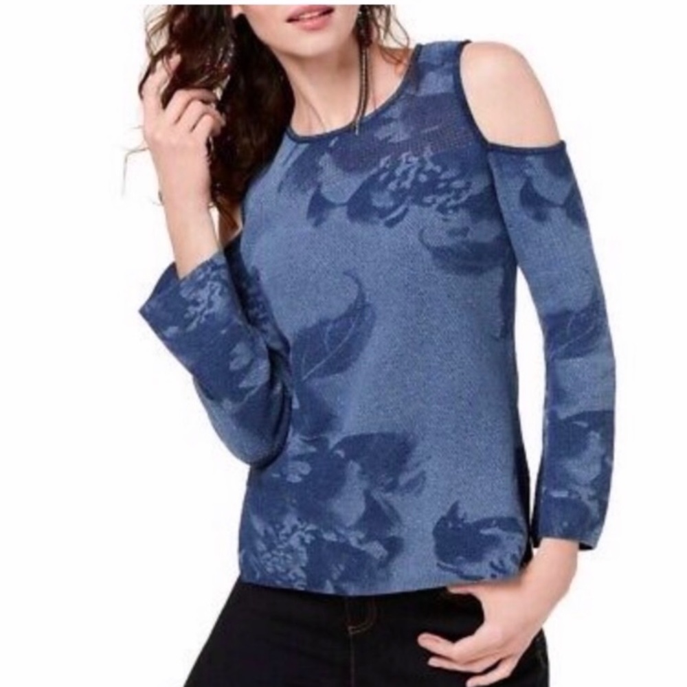 NWT INC International Concepts Floral Cotton Printed Cold Shoulder Sweater